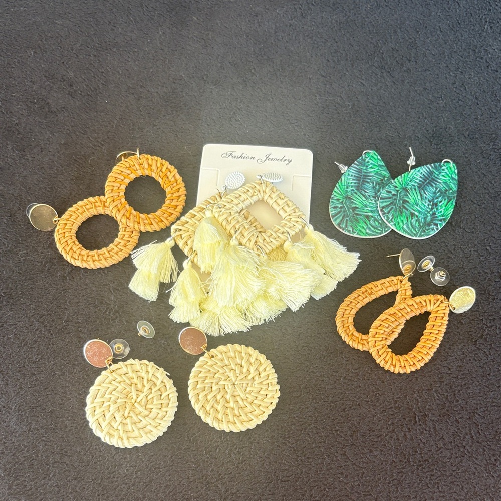 Woven Tassel and Leaf Earring Set of Five Pair